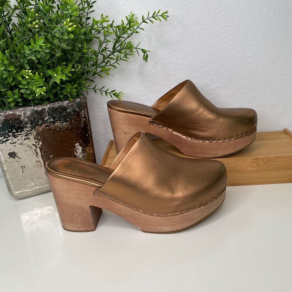Charlotte Stone Marlo Clogs Bronze Metallic Leather Wooden Platform Heel Boho 9 - Picture 2 of 16